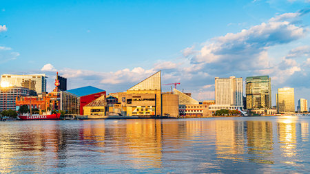 Baltimore, Maryland, US - September 4, 2019 View of Baltimore Harbor with USCG Lightship Chesapeake, Submarine USS Torsk and office buildingsのeditorial素材