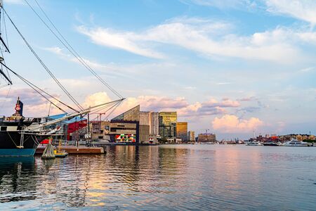 Baltimore, Maryland, US - September 4, 2019 View of Baltimore Harbor with USS Constellation Ship and office buildingsのeditorial素材