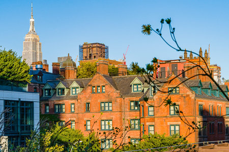 Manhattan, New York, USA - August 29, 2019: High Line Park in Manhattan. View of the surrounding houses and parks. High Line is a popular linear park built on elevated railway tracks.の写真素材