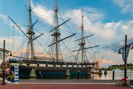 Baltimore, Maryland, US - September 4, 2019 View of Baltimore Harbor with USS Constellation Ship and office buildingsのeditorial素材
