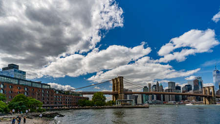 Brooklyn Historical Society DUMBO, Brooklyn Bridge, East river and Manhattan downtown in the New York City.のeditorial素材