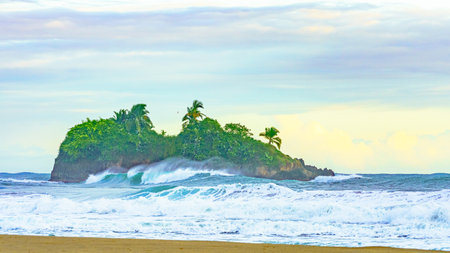 Sunrise at Playa Cocles, beautiful tropical Caribbean beach, Puerto Viejo, Costa Rica east coast and island Coclesの写真素材