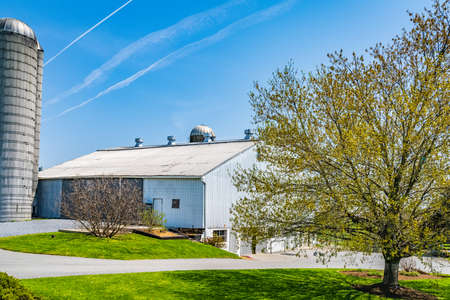 Amish country, farm, home and barn on field agriculture in Lancaster, Pennsylvania, PA US North Americaの写真素材