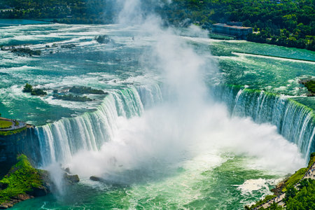 Horseshoe Fall, Niagara Gorge and boat in mist, Niagara Falls, Ontario, Canada. High quality photoの写真素材
