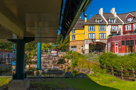 Mont Tremblant, Quebec, Canada - September 8, 2022: A lift ride by cable Car over the Mont Tremblant village Ski Resort from Mountain sugar shack place. High quality photoのeditorial素材