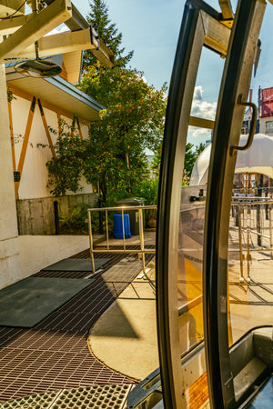 Mont Tremblant, Quebec, Canada - September 8, 2022: A lift ride by cable. Gondola lift Gondola lift inside. High quality photoのeditorial素材