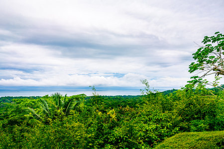 Expansive tropical vista with a cloudy sky merging into a calm sea, showcasing nature tranquility....