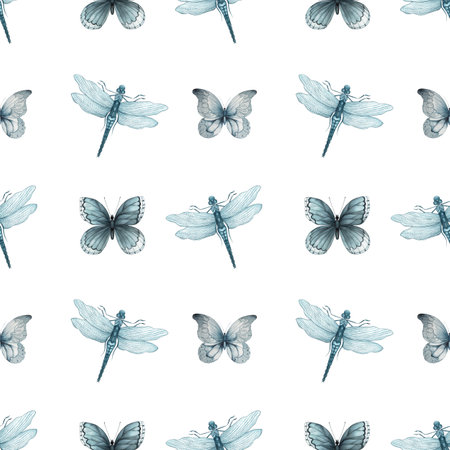Butterflies, moths, insects, painted in watercolor. Seamless pattern in a beautiful monochrome color scheme, a shade of indigo. For decoration of interior textiles, tableware, clothes, accessories.の写真素材