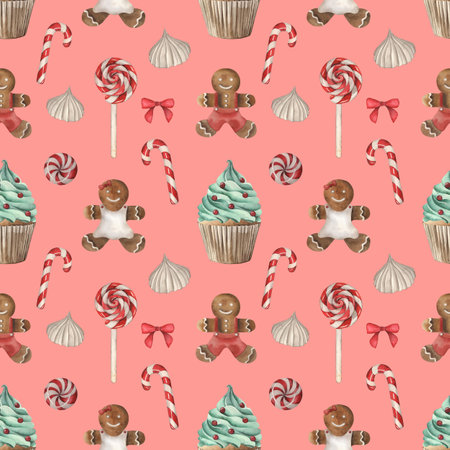 Lollipop, cupcake, gingerbread, candy, meringue, Christmas, New Year. The illustration is hand-drawn in watercolor on a white background. Suitable for design, postcards, holidays, stickers, textiles.の写真素材