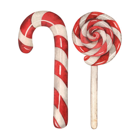 Lollipop, candy, sweets, dessert, christmas new year. The illustration is hand-drawn in watercolor on a white background. Suitable for design, postcards, holiday, stickers, textiles, fabric, clothing.の写真素材