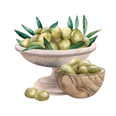 Olives, olive, wooden, metal, plate, olive fruits. The watercolor culinary illustration is made by hand in watercolor on a white background. For the design of cards, packaging, menu, cosmetic product.の写真素材