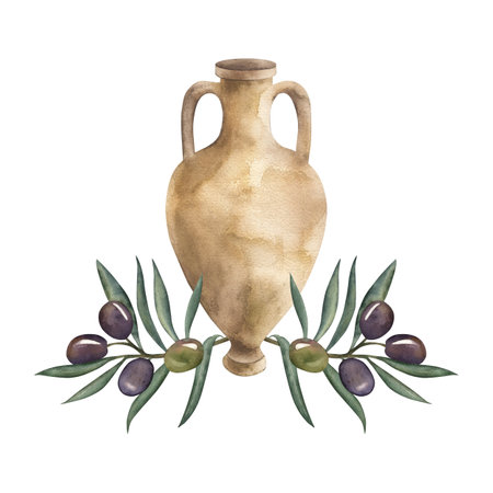 Greek amphora, bottle, olives fruit, branch. The illustration is hand-drawn in watercolor, isolated on a white background. It is suitable for interior design, holiday decoration, invitations, poster.の写真素材