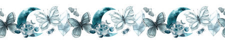 Butterfly, flower, insects, moon, beetle, crystal, blue, illustration painted in watercolor. Seamless border in a monochrome color scheme, a shade of indigo. For design interior, textiles, tableware.の写真素材