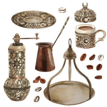 Coffee grinder, coffee beans, cup, jezve, saucer, dishes for coffee drinks in oriental style. The illustration is made in watercolor on a white background. For coffee shop, dishes, packaging, menus.の写真素材