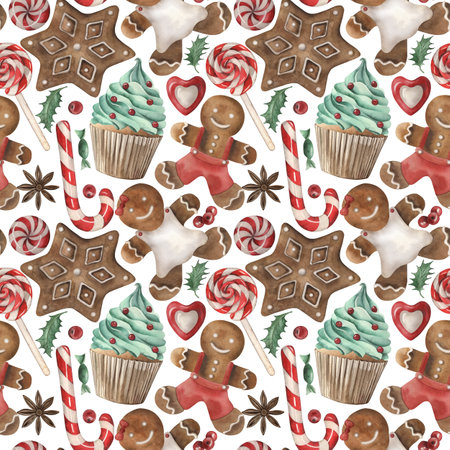 Lollipop, cupcake, gingerbread candy, meringue, Christmas, New Year. Seamless pattern. The illustration is hand-drawn in watercolor. Suitable for design, postcards, holidays, stickers, textiles, menuの写真素材