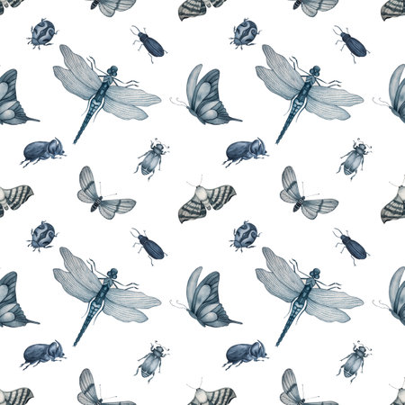 Butterflies dragonfly moths insects, painted in watercolor. Seamless pattern in a beautiful monochrome color scheme, a shade of indigo. For decoration of interior textile tableware, clothes, wallpaperの写真素材