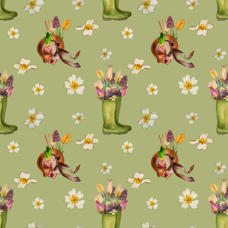 Hat, boots, onion, hyacinth, rake, flower, gardening, pattern, illustrations made in watercolor on a white background. Suitable for the design of tableware, textiles, postcards, wallpaper, fabric.の写真素材
