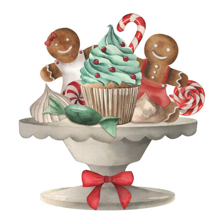 Ceramic vase stand for cupcake and sweet candy lollipop meringue. The illustration is hand-drawn in watercolor on a white background. For design Christmas packaging, postcard, holiday print, new year.の写真素材