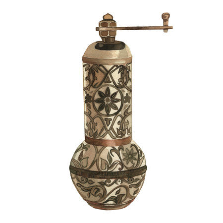 Coffee grinder with turkish ornament. Illustration on the theme of an oriental coffee shop, hand-drawn in watercolor on a white background. Suitable for menu design, accessories, poster printing.の写真素材