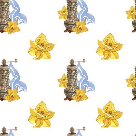 Coffee grinder, coffee, flower, daffodil, ornament, seamless pattern yellow, blue, brown. Illustration on the theme of an oriental coffee shop, drawn in watercolor on a white backgroundの写真素材