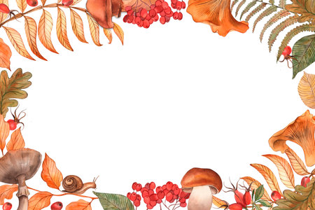 Rectangular frame with leaves, berry, mushrooms, mountain ash, rosehip. The autumn illustrations are hand-painted in watercolor in a botanical style. For the design of Thanksgiving, holiday, postcardの写真素材