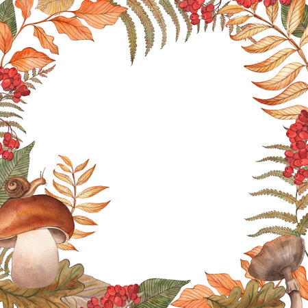 Watercolor, square frame with autumn forest illustrations. The leaves, mushroom, berry of rowan and rosehip are hand-drawn in a botanical style. For the design of card, invitation, packaging, holidayの写真素材