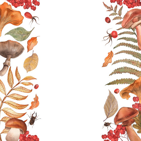 Vertical frame with autumn forest mushrooms, leaves, berries. Chanterelles, porcini mushrooms, fly agarics, rowan berries, fern leaves, oak are hand-drawn with watercolors in a botanical style.の写真素材