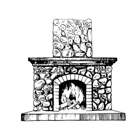 A stone fireplace with wood and fire inside. Vector illustration for Christmas and New Year design of postcards, printing, gifts, packaging. Interior decoration, tableware, textiles. For websites.のイラスト素材