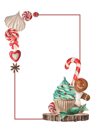 A frame with Christmas sweets, cupcake, gingerbread, meringue, lollipops. The illustrations for the greeting card template are hand-drawn in watercolor on a white background. For the design of giftsの写真素材