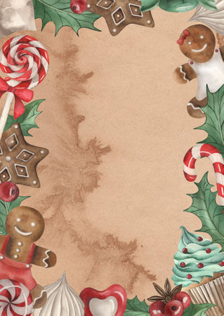 A template for a vintage Christmas card. Gingerbread, cupcakes, lollipops, lollipops, holly. The illustrations are hand-drawn in watercolor on the background of old paper. For congratulations, giftsの写真素材