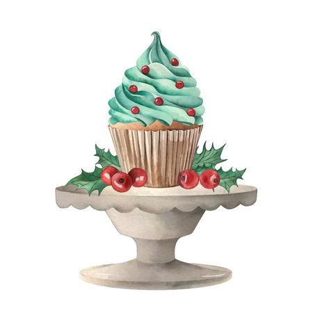 Christmas composition. Cupcake decorated with berries and holly leaves on a vase stand. The illustration is hand-drawn in watercolor. For the design of postcards, invitations, posters, textilesの写真素材