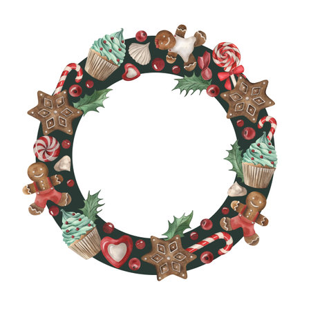Round frame with Christmas sweets, gingerbread, cupcake, lollipop, candies. The illustration is hand-drawn in watercolor on a dark green background. For the decoration of the New Years, packagingの写真素材