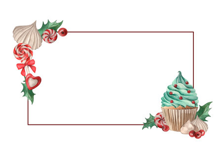 A rectangle frame decorated with Christmas sweets. Cupcakes lollipop meringues berries and holly leaves are hand-drawn in watercolor in red and green colors. New Year Greeting Card Templateの写真素材