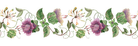 Seamless floral border with bells, climbers, ivy, cobwebs. An illustration with beautiful plants, hand-painted in watercolor in purple, lilac, shades, in a botanical style. For postcards, invitationsの写真素材