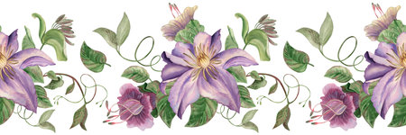 Seamless border with weaving flowers and plants. Clematis, bluebells, cobwebs, leaves, vines, curls, hand-painted in watercolor in the botanical style. For greeting cards, wedding invitationsの写真素材