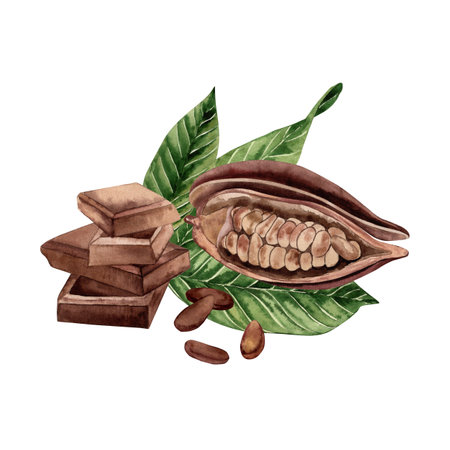 A bar of chocolate, a cocoa fruit with grains inside lies on the green leaves of a cocoa tree. The illustration with the composition of the plant and dessert is hand-painted in watercolorの写真素材