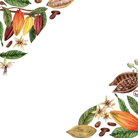 A frame with cocoa beans, branches, leaves, grains, flowers. The illustration of a tropical plant is hand-painted in watercolor in a botanical style. For the design of cards, menus, cafes, printingの写真素材