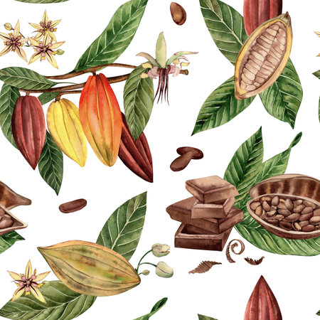 Seamless pattern with pieces of chocolate, fruits, flowers, leaves of the cocoa tree. The illustration of a tropical plant is hand-painted in watercolor in a botanical style. For fabric, wallpaperの写真素材