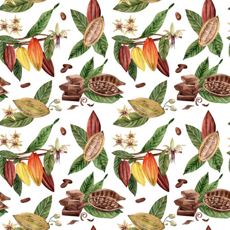 Seamless pattern with fruits, flowers, leaves, flowers of the cocoa tree. The illustration of a tropical plant is hand-painted in watercolor in a botanical style. For fabric, packaging, wallpaperの写真素材