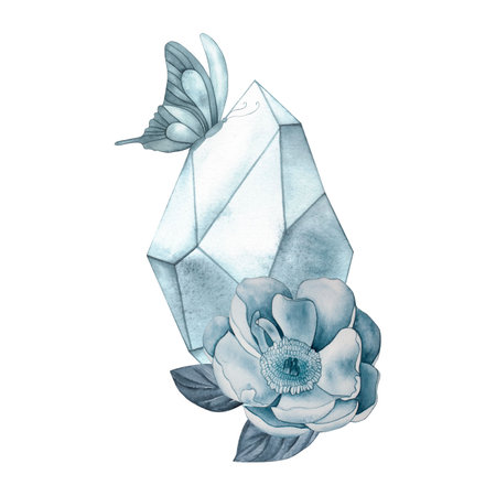 Blue crystal with butterfly and peony flower. Illustration is hand-drawn in monochrome technique, in grey-blue color scheme, in botanical style. For design of cards, invitations, stickers, packagingの写真素材