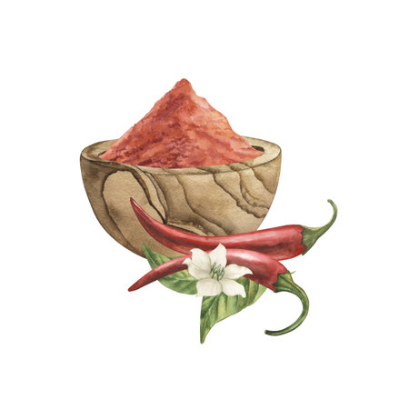 Wooden pick with hot chili pepper powder and pepper fruits flower leaves. Illustration with spices is hand-drawn with watercolor in botanical style. For packaging design, tableware textiles, printing.の写真素材