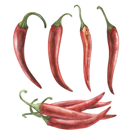 Set of whole and cut red hot chili peppers. Watercolor illustration hand drawn in botanical style. For design of packaging of products or cosmetics, logos, typography, menus, restaurants, textilesの写真素材