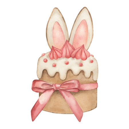 Watercolor illustration of a cute Easter cake decorated with bunny ears, meringue peaks, sugar...