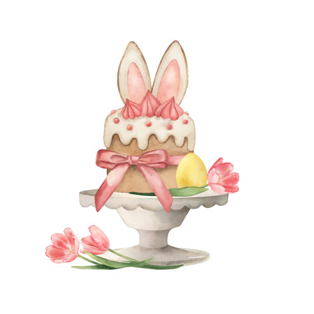 Watercolor illustration of an Easter cake with bunny ears, decorated with pink frosting and a ribbon. Placed on a cake stand with a yellow egg and pink tulips. Perfect for holiday cards, prints.の写真素材