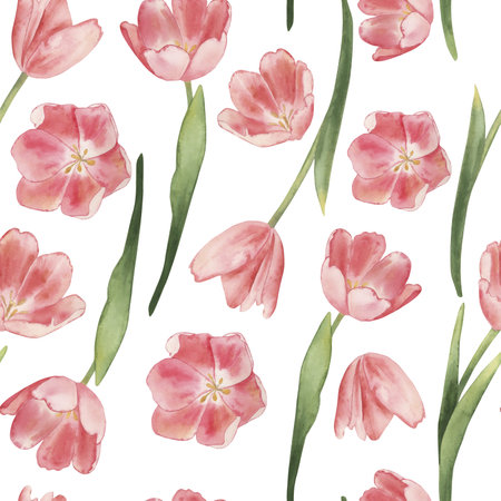 Seamless watercolor pattern of delicate pink tulips with green stems and leaves. Perfect for spring-themed designs, textiles, wallpapers, and seasonal decorations. Soft and elegant floral design.の写真素材