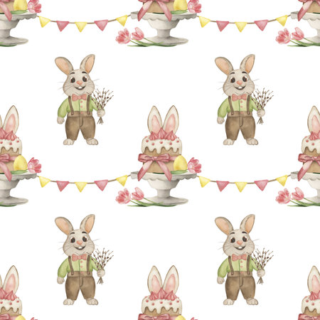 Seamless watercolor Easter pattern with cute rabbits in vintage outfits, festive cakes with bunny ears, spring flowers, and colorful bunting. Perfect for holiday wrapping, textiles, and decorations.の写真素材