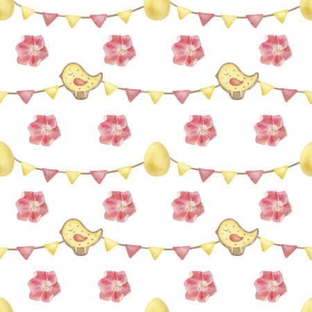 Easter seamless pattern with eggs, flags, flowers, tulips and gingerbread. Watercolor illustration is hand-drawn in shades of yellow and pink. For design of fabric, textile, wrapping paper, cards.の写真素材