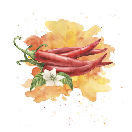 Red chili pepper with green stems and delicate white flower on textured yellow-orange splash background. Watercolor illustration hand drawn in botanical style. For packaging, menu, restaurant design.の写真素材