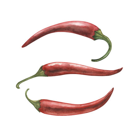Trays of red chili peppers isolated on white background. Botanical watercolor illustration of spicy vegetables with green stems drawn by hand. For packaging design, restaurant menus, kitchen decor.の写真素材