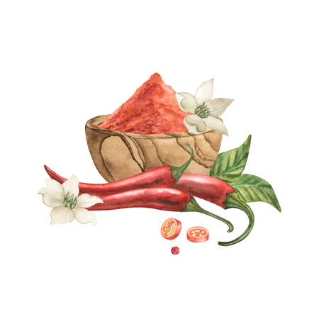 Wooden bowl with ground red chili pepper, leaves, flowers, pieces of pepper fruits. The illustration with spices is hand-painted in watercolor in a botanical style. For packaging, tableware, textilesの写真素材